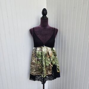 Black Widow Slip Dress Satin Camo Nightgown Lace Ruffle Lingerie Mini Rare XL